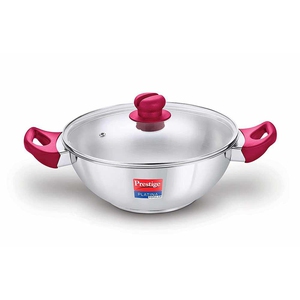 Prestige Platina Popular Stainless Steel Gas and Induction Compatible Kadai with Glass Lid, 200 mm