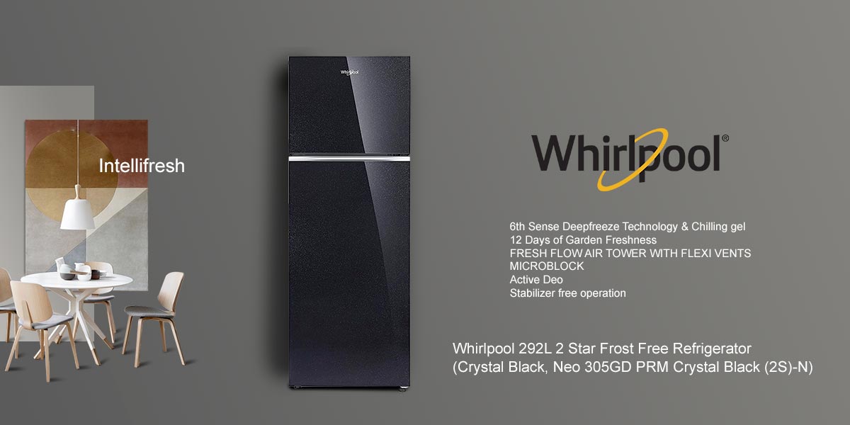 Whirlpool 265 L Frost Free Double Door 2 Star Refrigerator Crystal Black, Neo 278GD PRM Crystal Black