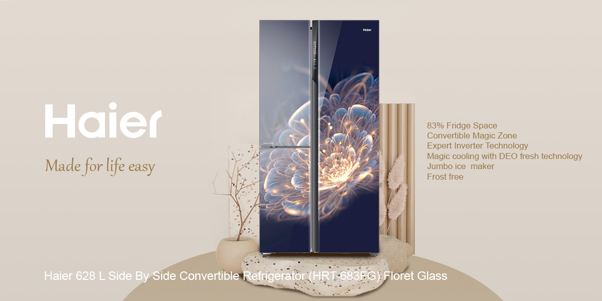 Haier 628 L Side By Side Convertible Refrigerator (HRT-683FG) Floret Glass