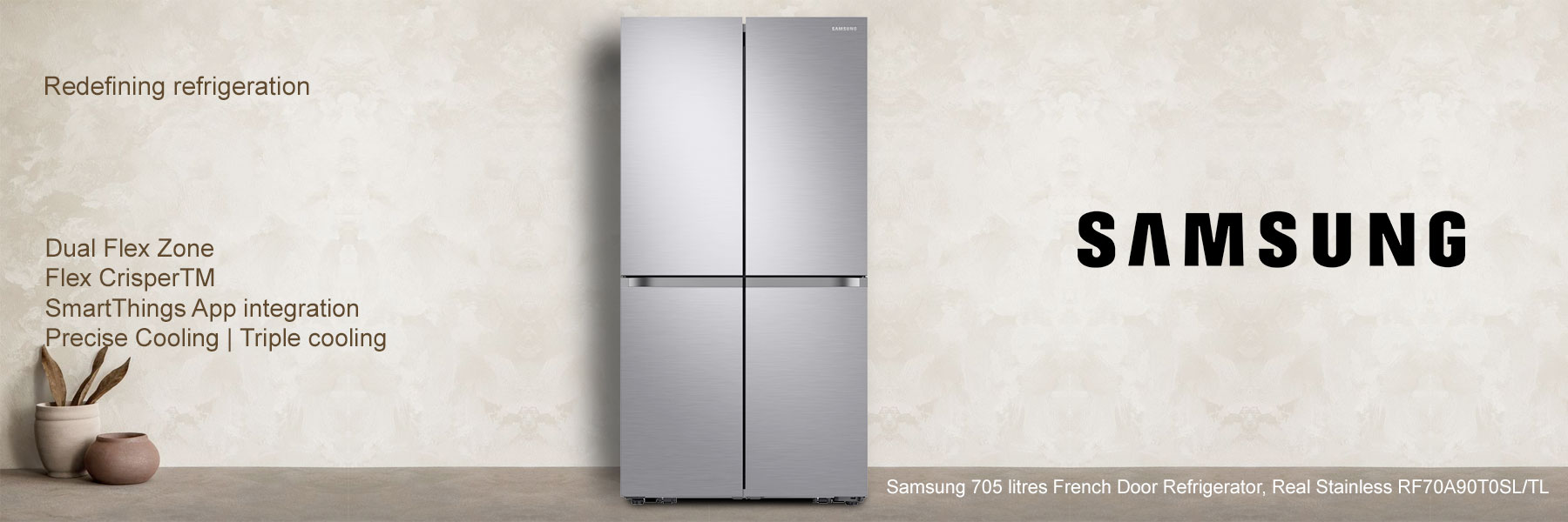Samsung 705 litres French Door Refrigerator, Real Stainless RF70A90T0SL/TL