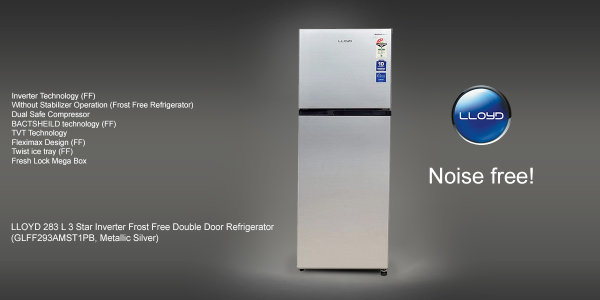 LLOYD 283 L 3 Star Inverter Frost Free Double Door Refrigerator (GLFF293AMST1PB, Metallic Silver)