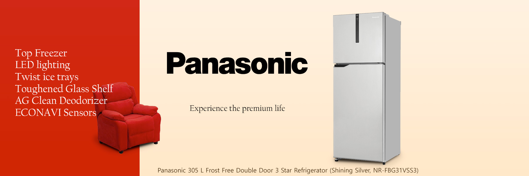 Panasonic 305 L Frost Free Double Door 3 Star Refrigerator (Shining Silver, NR-FBG31VSS3)