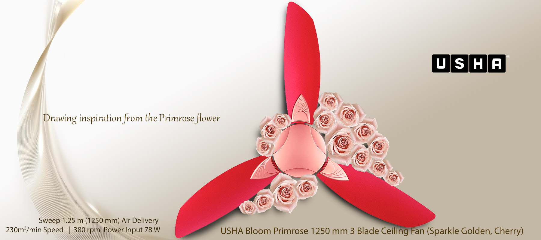 USHA Bloom Primrose 1250 mm 3 Blade Ceiling Fan (Sparkle Golden, Cherry)