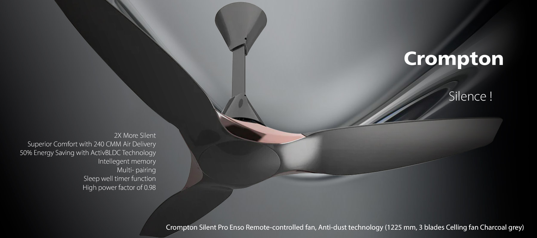Crompton Silent Pro Enso Remote-controlled fan, Anti-dust technology (1225 mm, 3 blades Celling fan Charcoal grey)