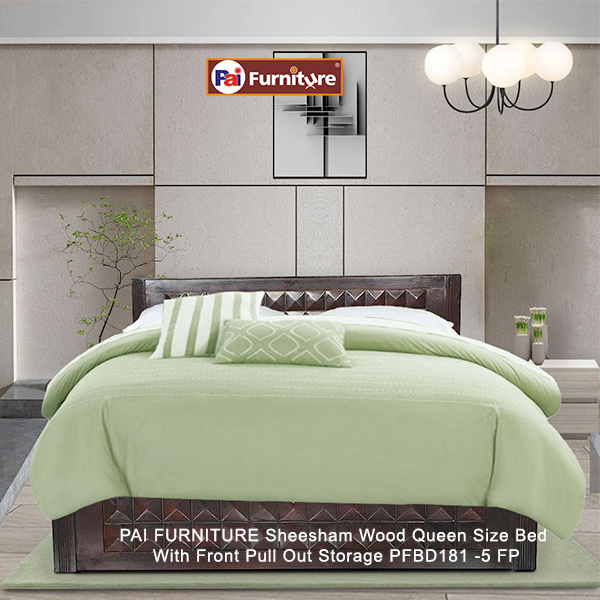 PAI FURNITURE Sheesham Wood Queen Size Bed With Front Pull Out Storage PFBD181 -5 FP