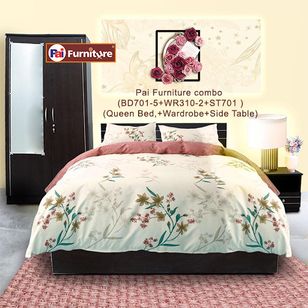 Pai Furniture combo (BD701-5+WR310-2+ST701 )(Queen Bed,+Wardrobe+Side Table)