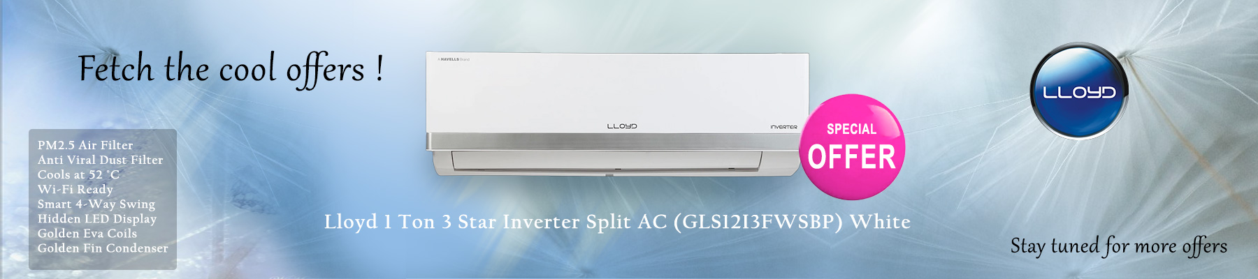 Lloyd 1 Ton 3 Star Inverter Split AC (GLS12I3FWSBP) White